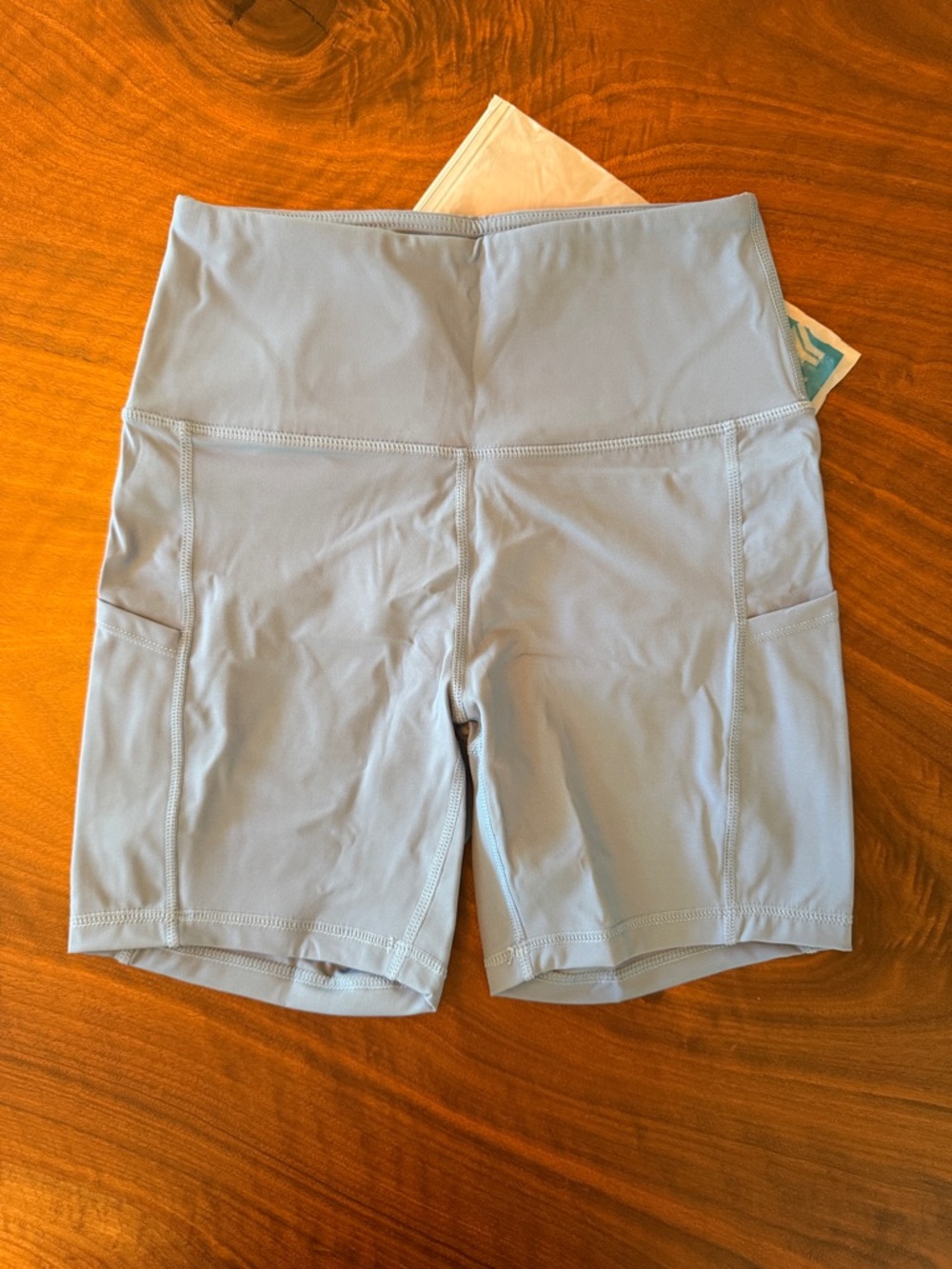 High-Waist Light Blue Women’s Active Shorts with Side Pockets
